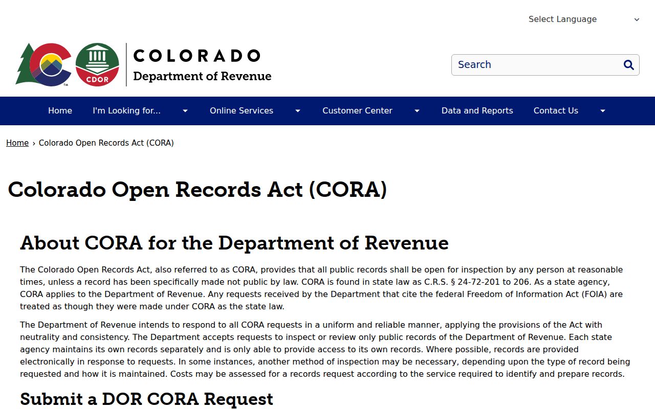 Denver County Clerk of Court Colorado Department of Revenue CORA page