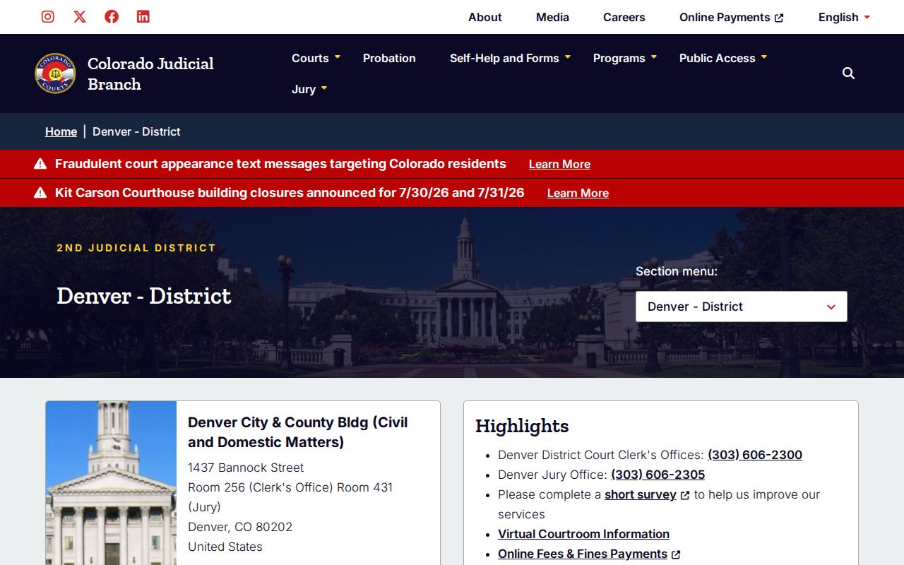 Denver County court dockets Denver District Court page