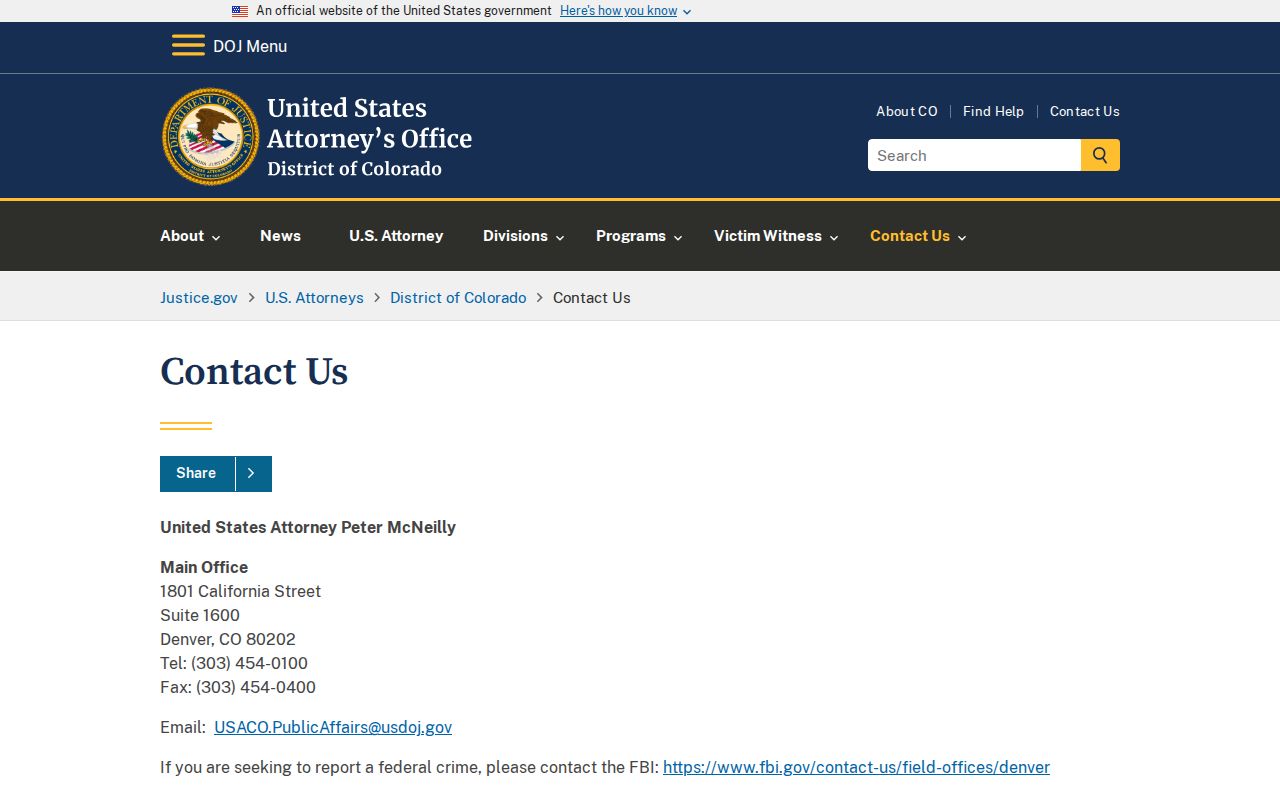 Denver County criminal court records federal prosecution contact