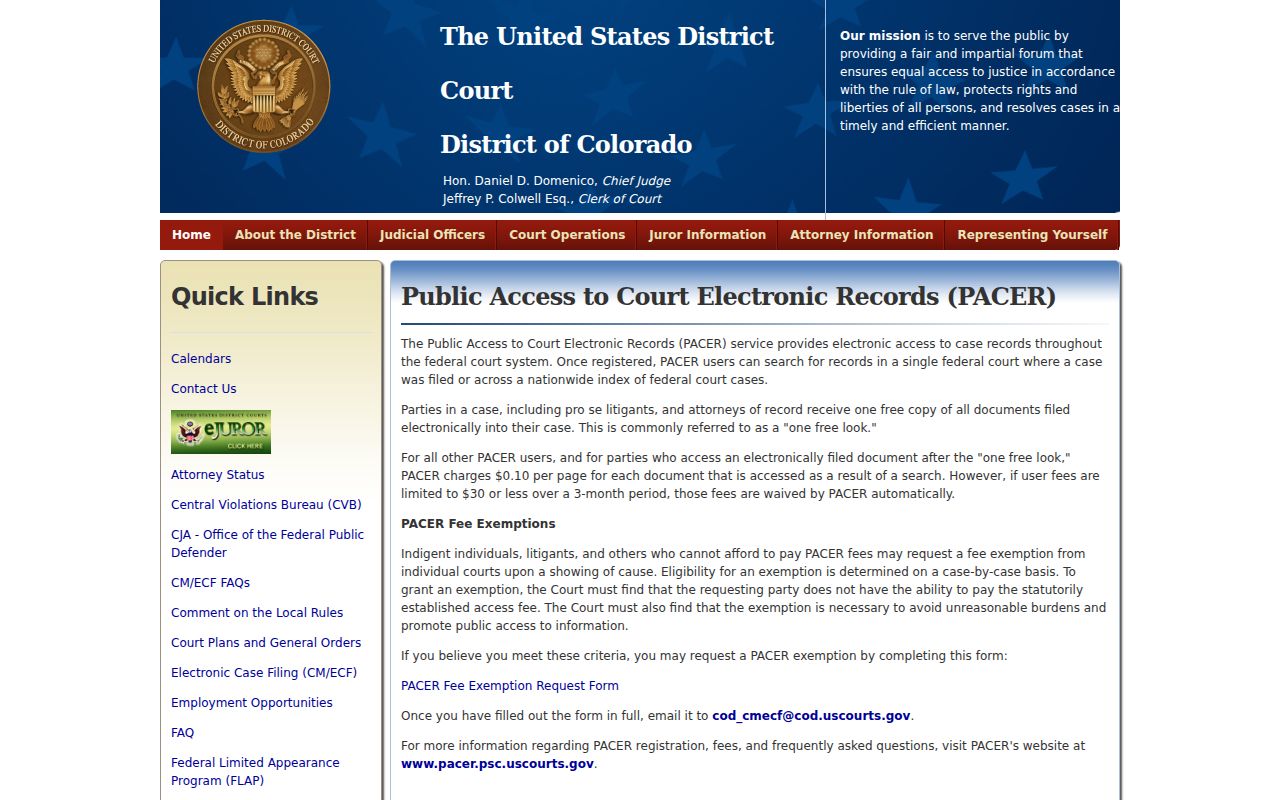 Denver County District Court District of Colorado PACER page